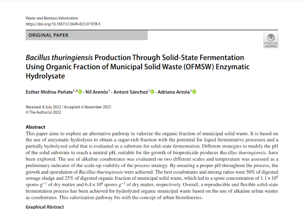Bacillus thuringiensis Production Through Fermentation Using OFMSW Enzymatic Hydrolysate